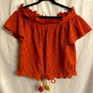 TROVATA BIRDS OF PARADIS Vibrant Orange Off the Shoulder Eyelet Blouse Medium